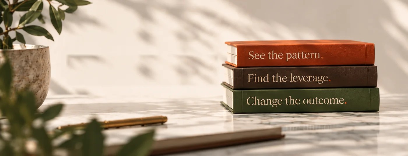Three cloth-bound books stacked on a marble desk in soft daylight — persimmon, walnut and olive, their spines reading See the pattern, Find the leverage, Change the outcome