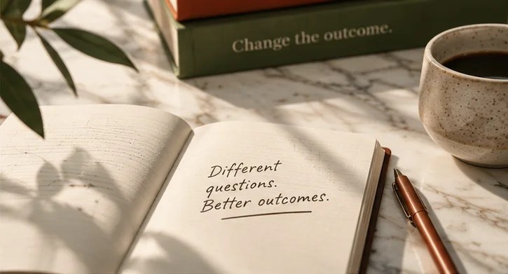An open notebook on marble beside a coffee cup and a copper pen; the handwritten line reads Different questions. Better outcomes.